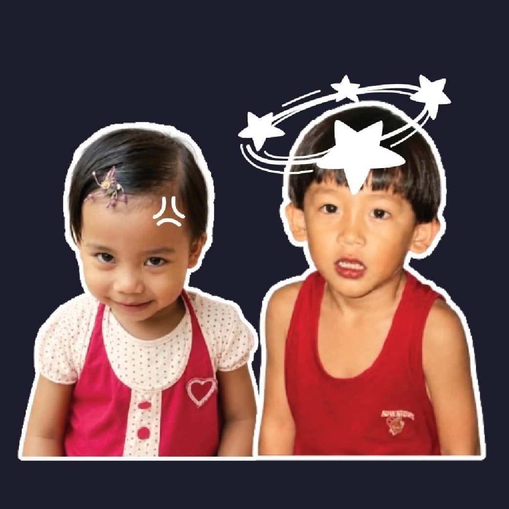 Both of us as children, cut out side by side under a scatter of stars